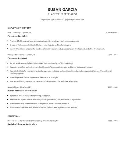 Placement Specialist Resume