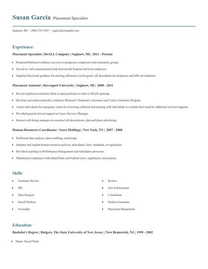 Placement Specialist Resume