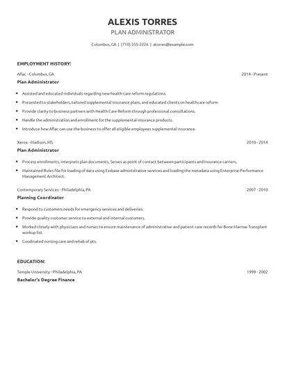 Plan Administrator Resume