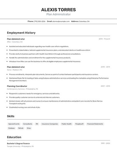 Plan Administrator Resume