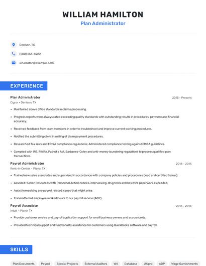 Plan Administrator Resume