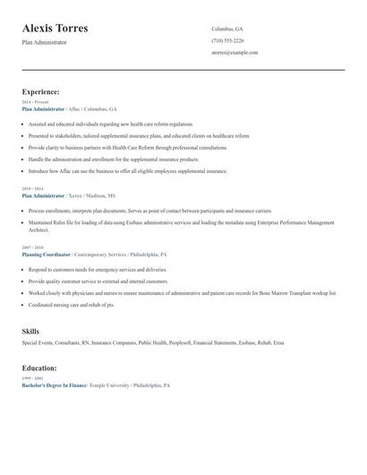 Plan Administrator Resume