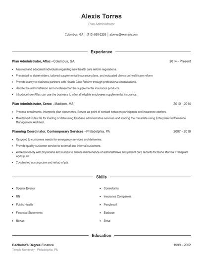 Plan Administrator Resume