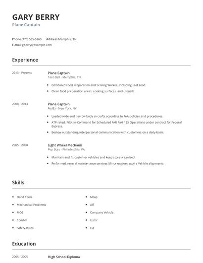 Plane Captain Resume