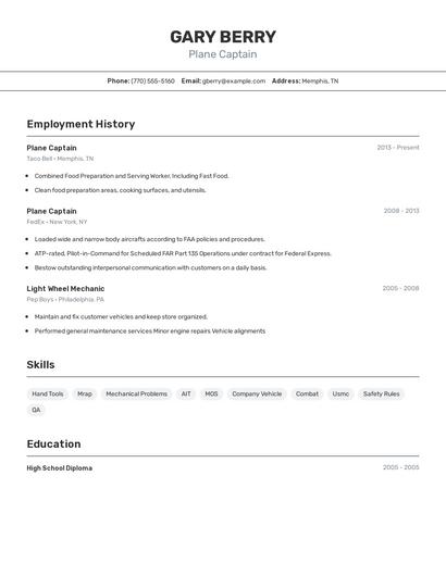 Plane Captain Resume
