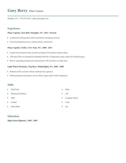 Plane Captain Resume