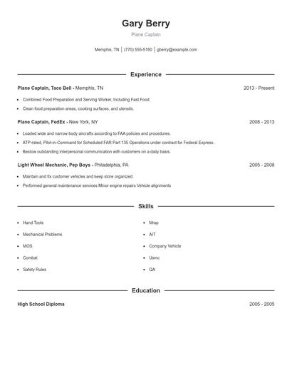 Plane Captain Resume