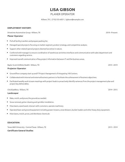 Planer Operator Resume