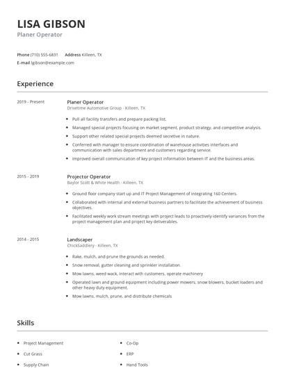 Planer Operator Resume