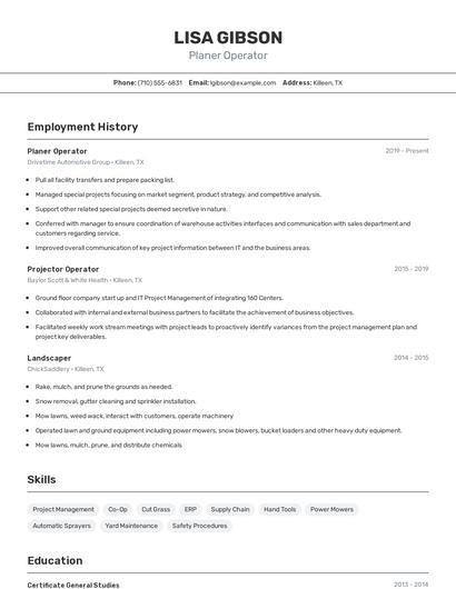 Planer Operator Resume