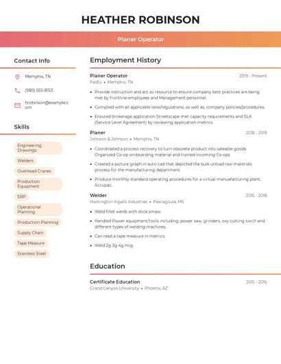 Planer Operator Resume