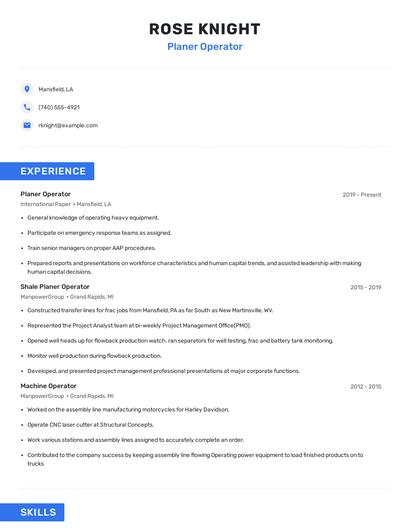 Planer Operator Resume