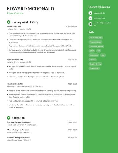 Planer Operator Resume