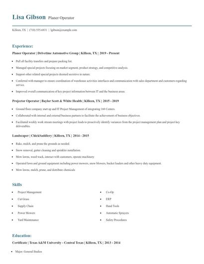 Planer Operator Resume