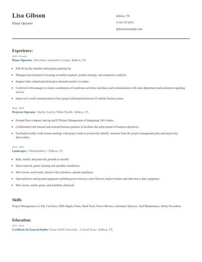 Planer Operator Resume