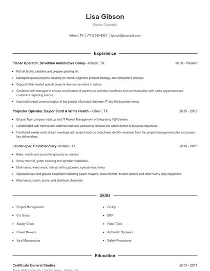 Planer Operator Resume