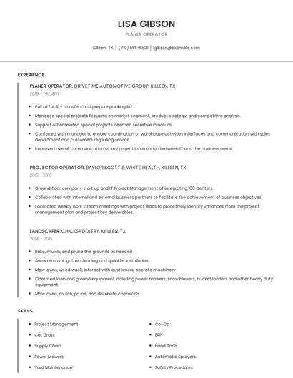 Planer Operator Resume