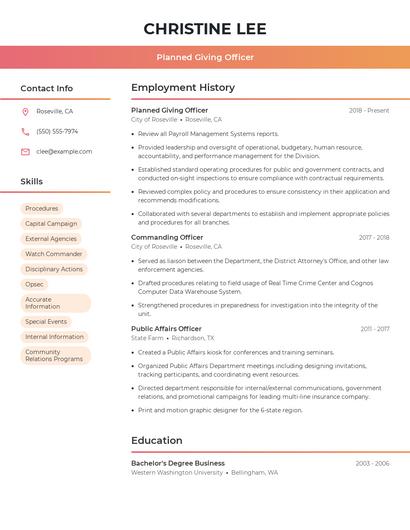 Planned Giving Officer Resume