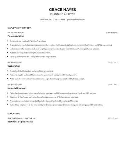 Planning Analyst Resume