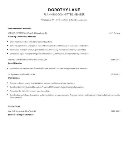 Planning Committee Member Resume