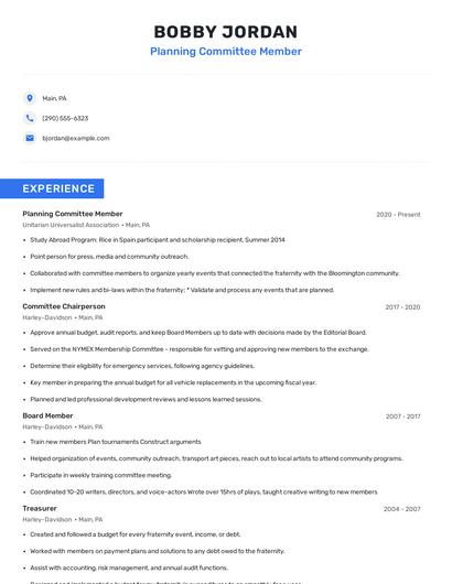 Planning Committee Member Resume