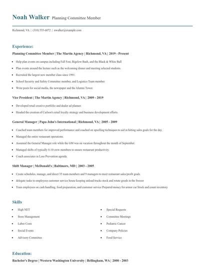 Planning Committee Member Resume