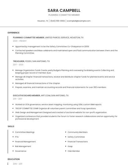 Planning Committee Member Resume