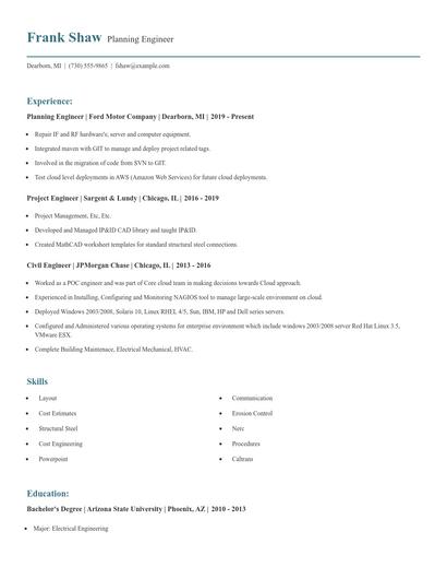Planning Engineer Resume