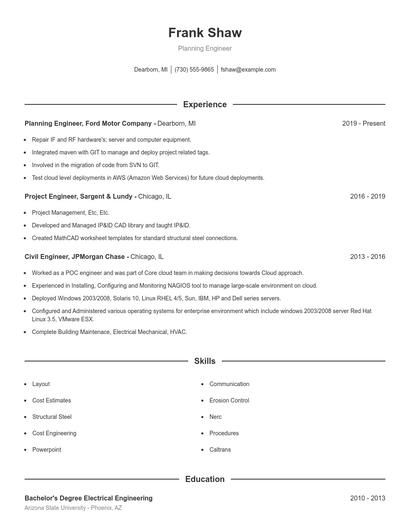 Planning Engineer Resume