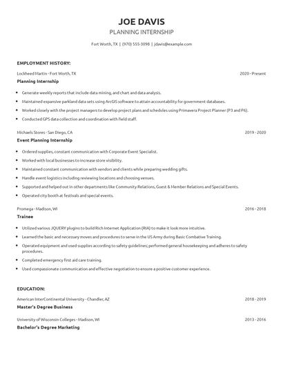 Planning Internship Resume