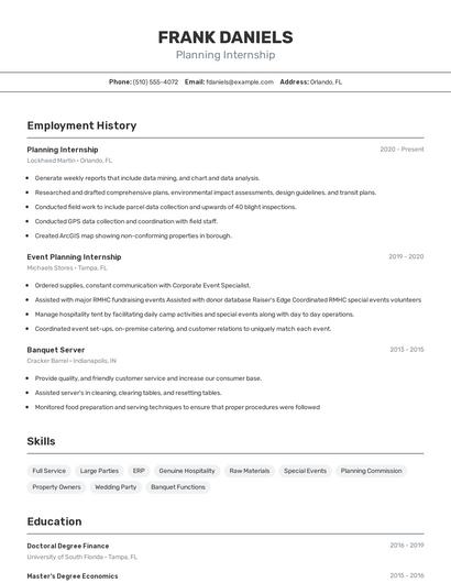 Planning Internship Resume