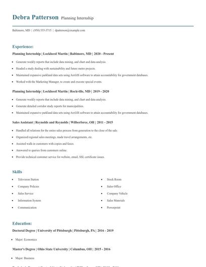 Planning Internship Resume