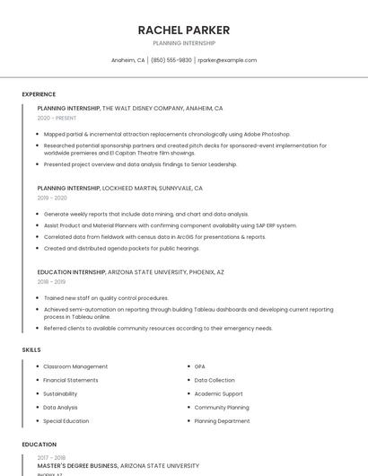 Planning Internship Resume