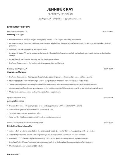 Planning Manager Resume
