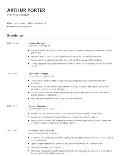 Planning Manager Resume