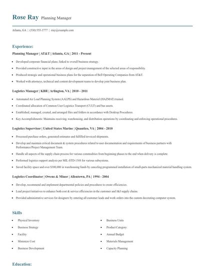 Planning Manager Resume
