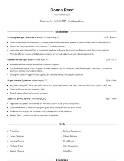 Planning Manager Resume