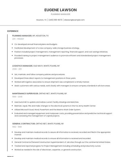 Planning Manager Resume