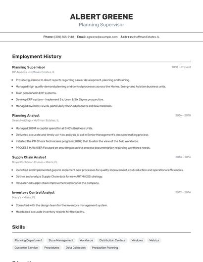 Planning Supervisor Resume