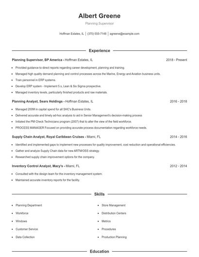 Planning Supervisor Resume