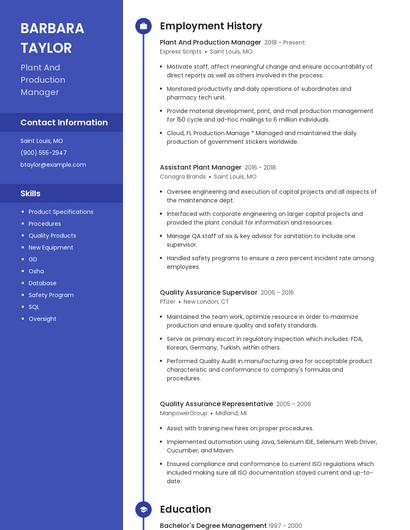 Plant And Production Manager Resume