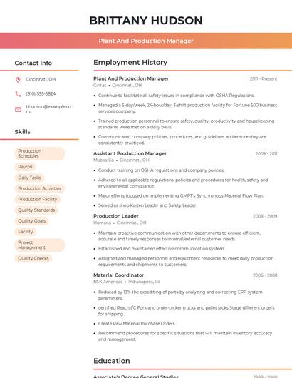 Plant And Production Manager Resume
