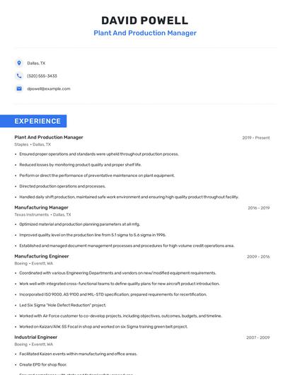 Plant And Production Manager Resume