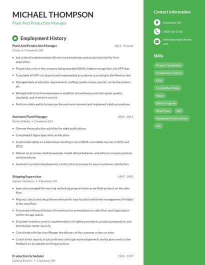 Plant And Production Manager Resume