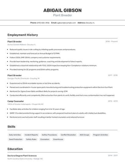 Plant Breeder Resume