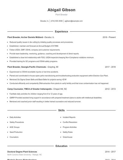 Plant Breeder Resume