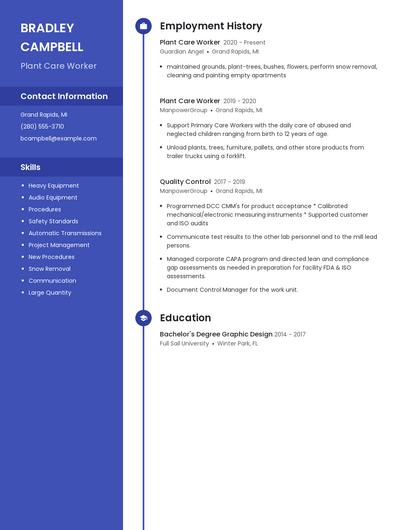 Plant Care Worker Resume