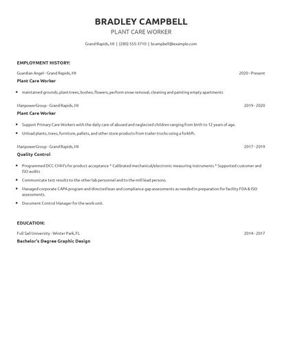 Plant Care Worker Resume