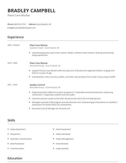 Plant Care Worker Resume