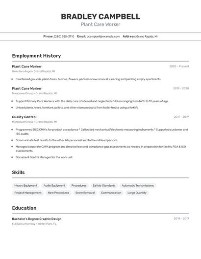 Plant Care Worker Resume